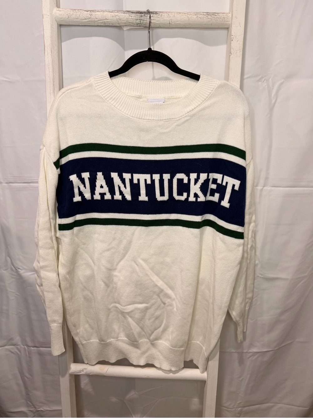 Nantucket Script Crewneck Sweater - White with Navy & Green